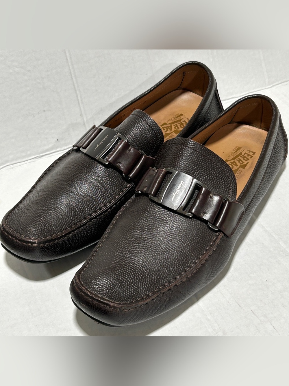 Salvatore Ferragamo Dark Brown Pebbled Leather Bit Loafers
